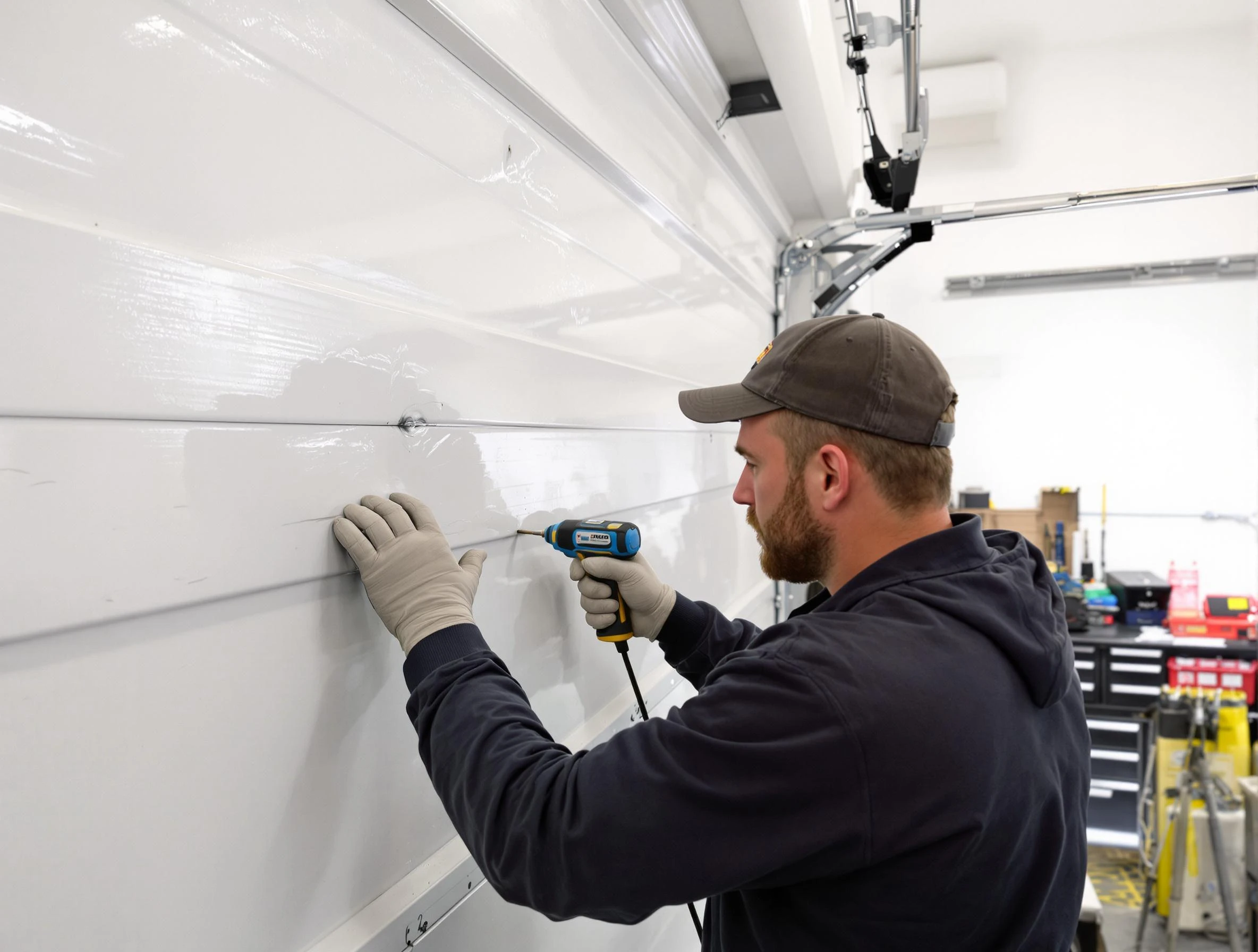 Ogden Garage Door Repair technician demonstrating precision dent removal techniques on a Ogden garage door